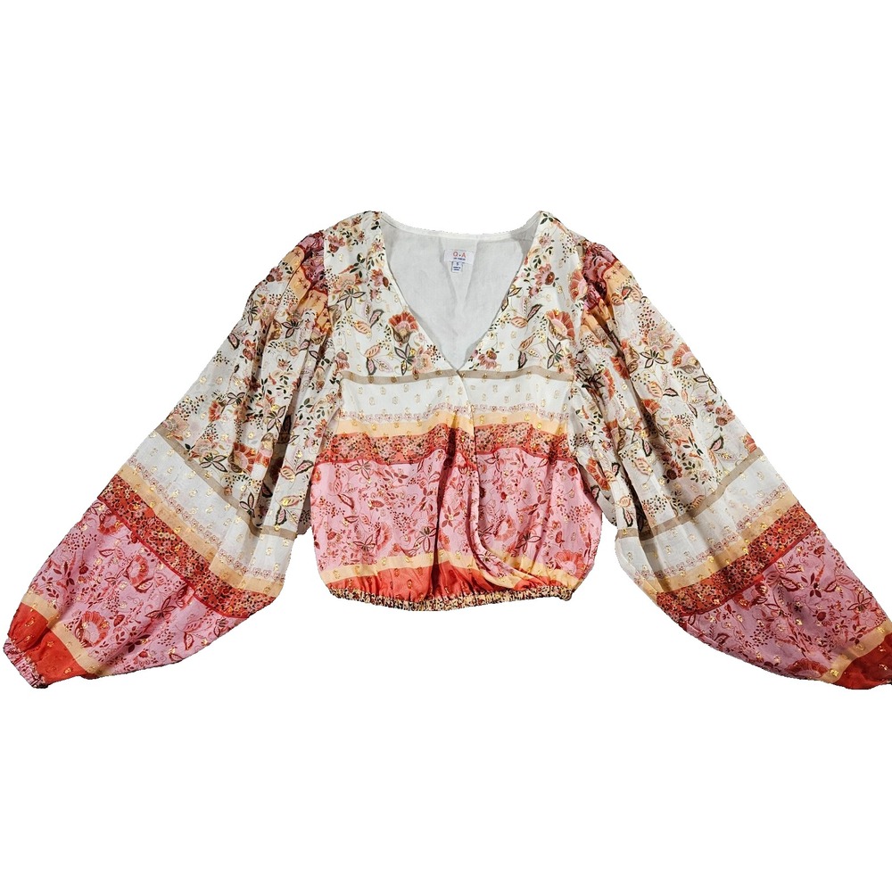 Q+A Los Angeles Pink Floral Patchwork Gold Metallic Cropped Balloon Sleeve Top S